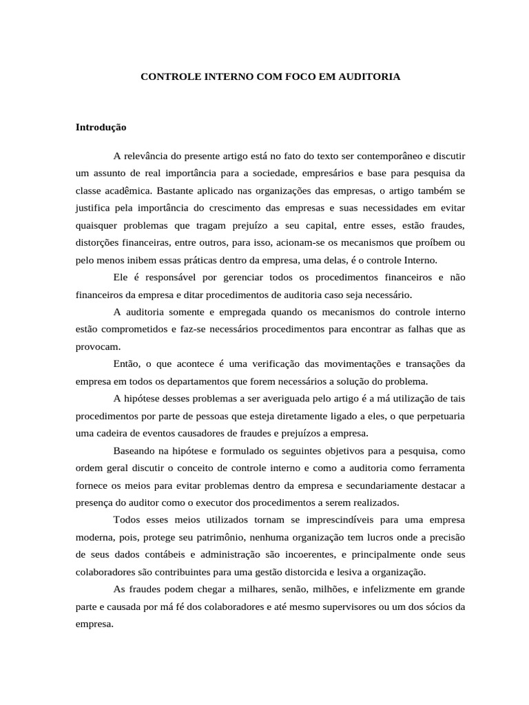 UNICARIOCA - TCC de Auditoria Interna e Controle Interno | PDF ...