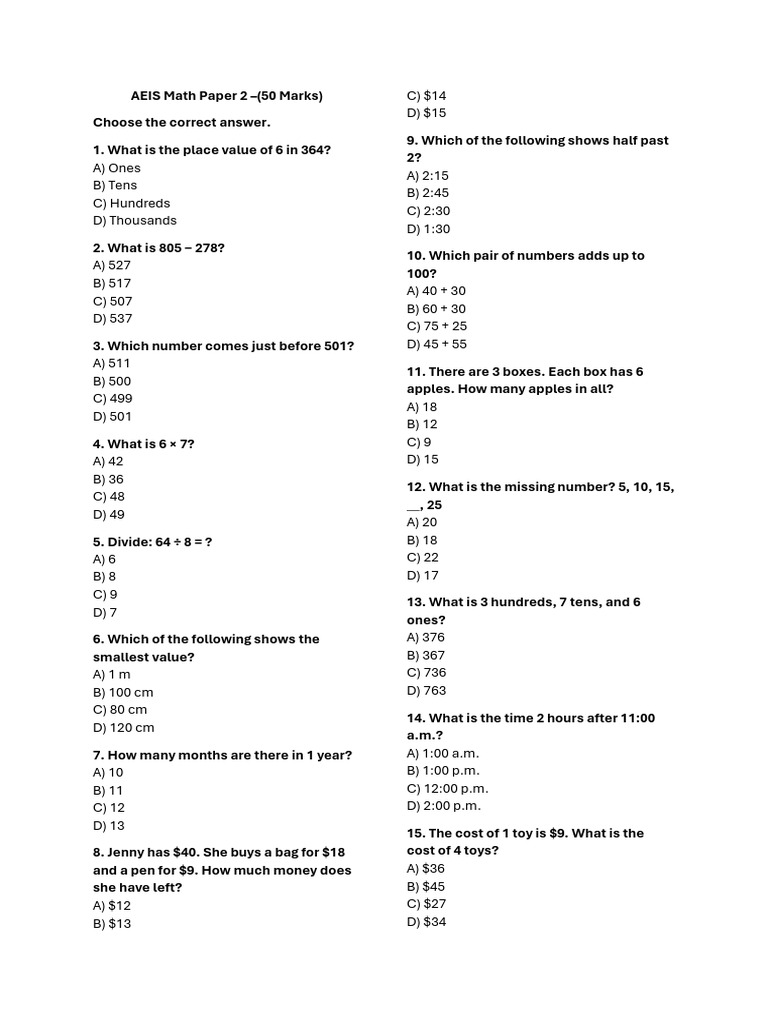 AEIS Math Paper 2 Practice Questions | PDF | Chess Theory | Chess