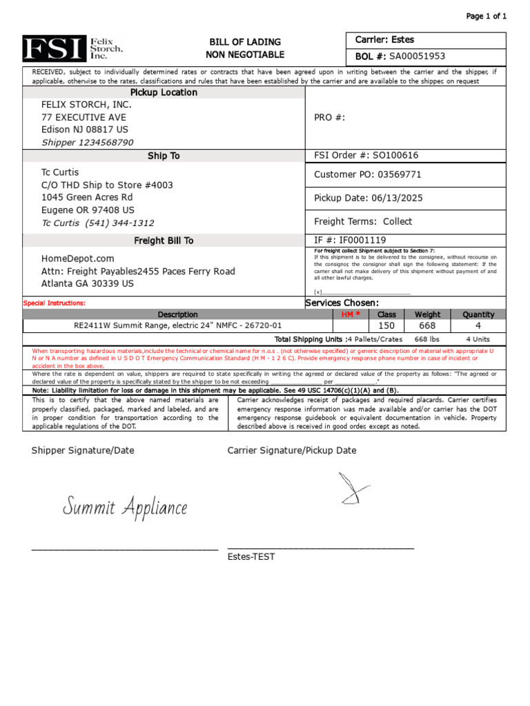 Estes Freight Bill of Lading Details | PDF | Cargo | Bill Of Lading