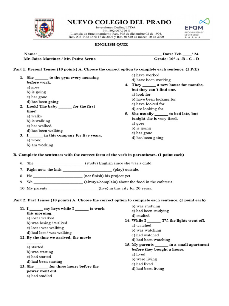 English Tenses Quiz for Grade 10 | PDF | Chess Openings | Chess Theory