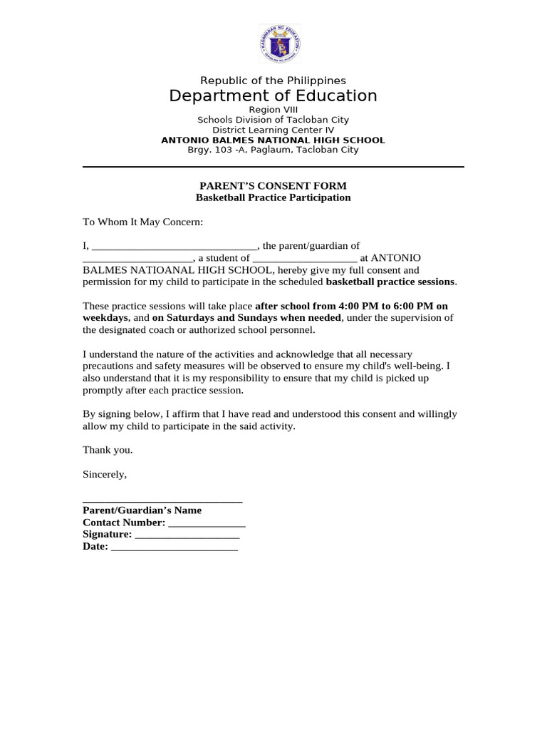 Parent Consent for Basketball Practice | PDF | Private Law | Common Law