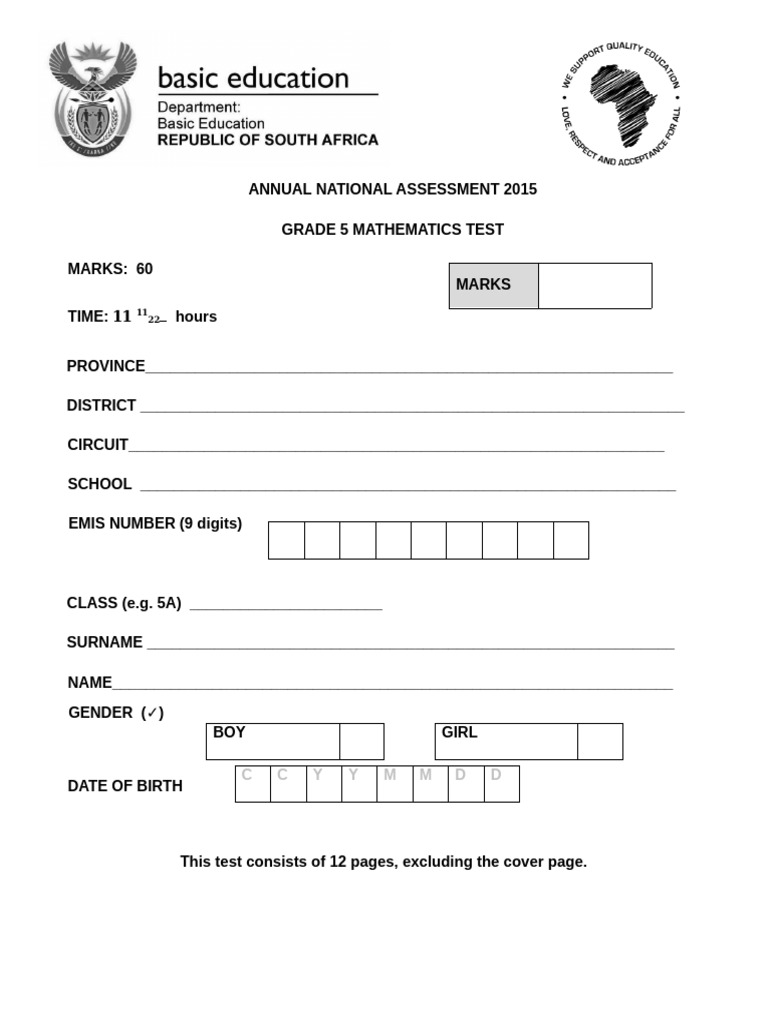 Grade 5 Mathematics Test 2015 | PDF