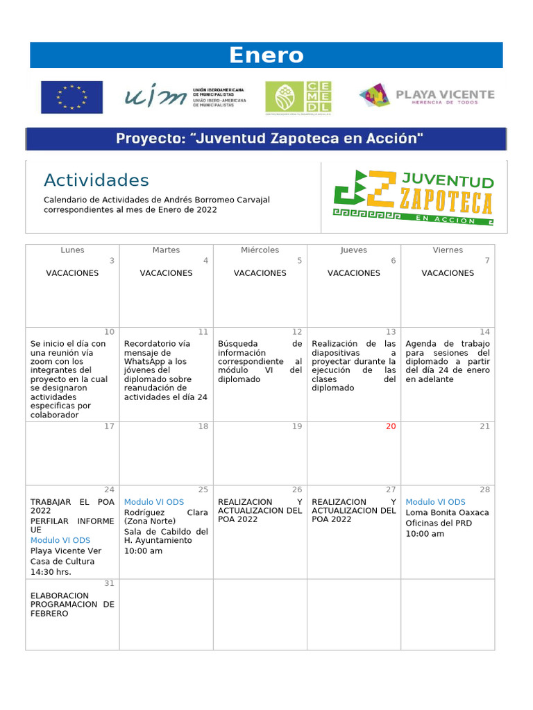 Actividades de Enero 2022 de Andrés Borromeo | PDF