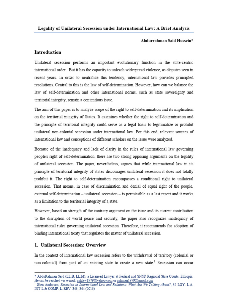 Legality of Unilateral Secession | PDF | Self Determination ...