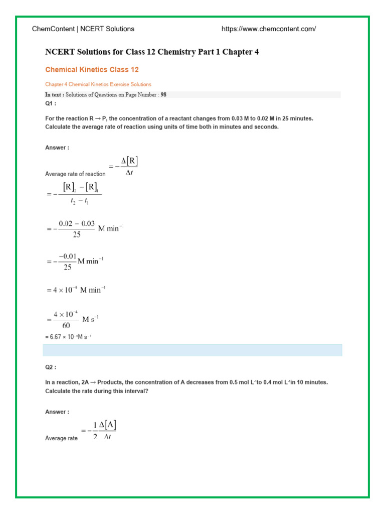 Class 12 Chemical Kinetics Solutions | PDF | Reaction Rate | Reaction ...