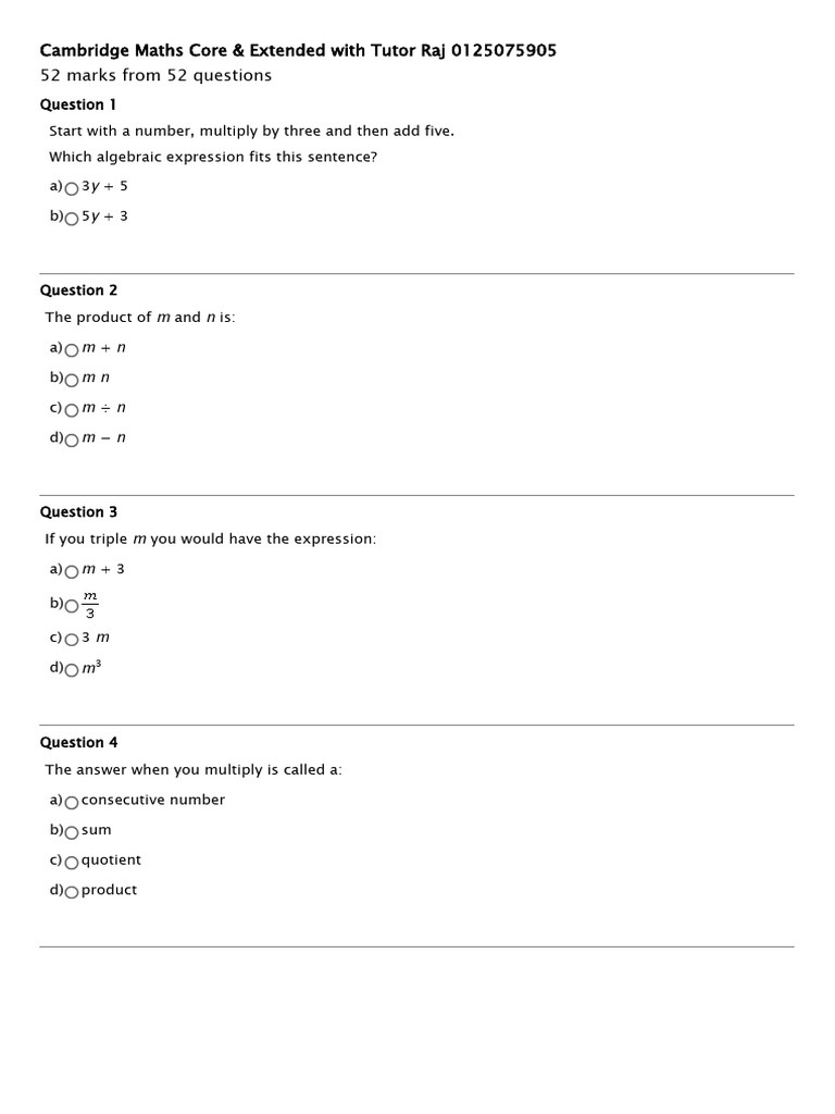Cambridge Maths Core & Extended Quiz | PDF | Multiplication | Numbers