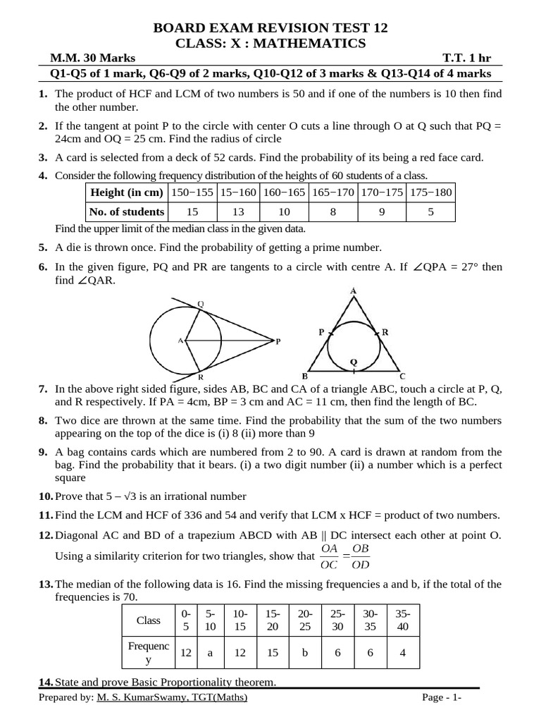 Class X Mathematics Board Exam Test | PDF | Circle | Mathematics