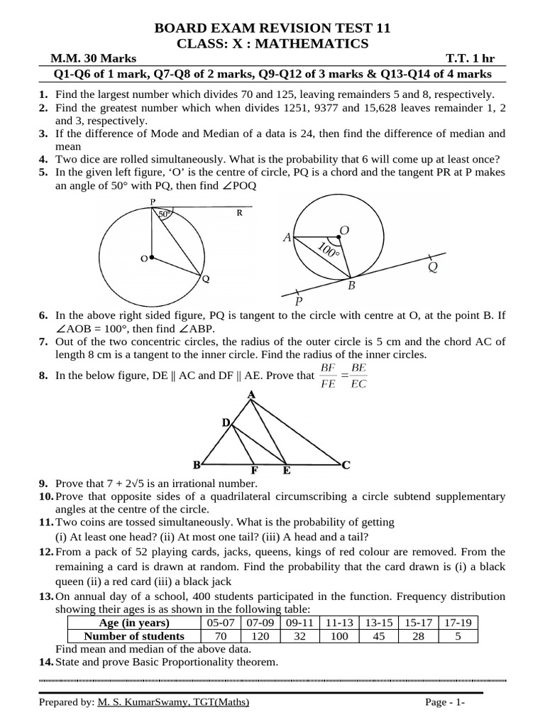 Board Exam 2023 Revision Test 11 Class X Maths | PDF