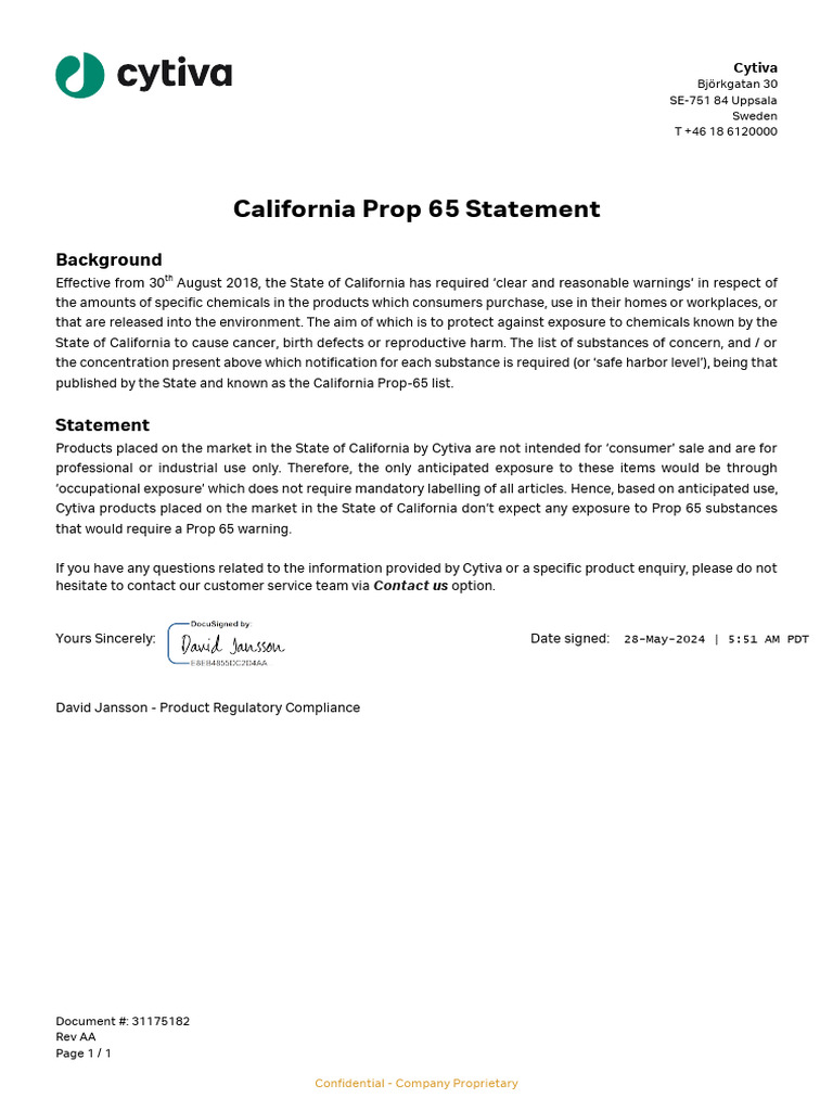 Cytiva California Prop 65 Compliance Statement | PDF