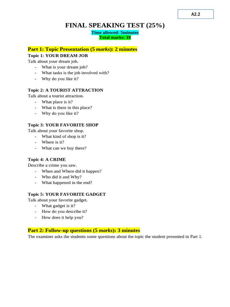 Final Speaking Test Guidelines | PDF