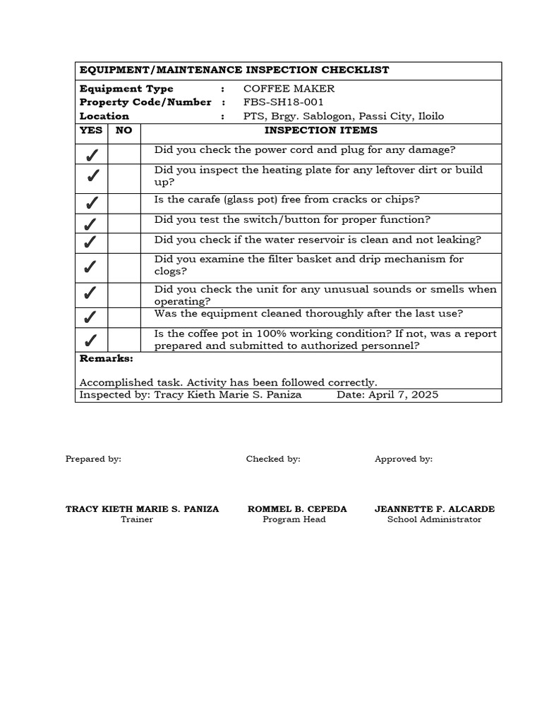 Coffee Maker Maintenance Checklist | PDF