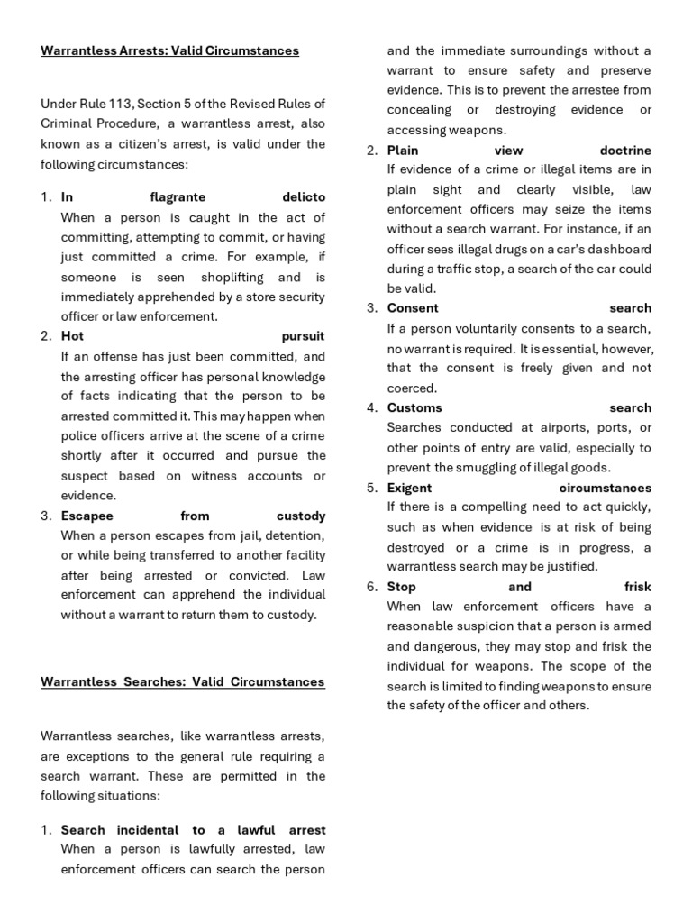Warrantless Arrests and Searches Explained | PDF | Search And Seizure ...
