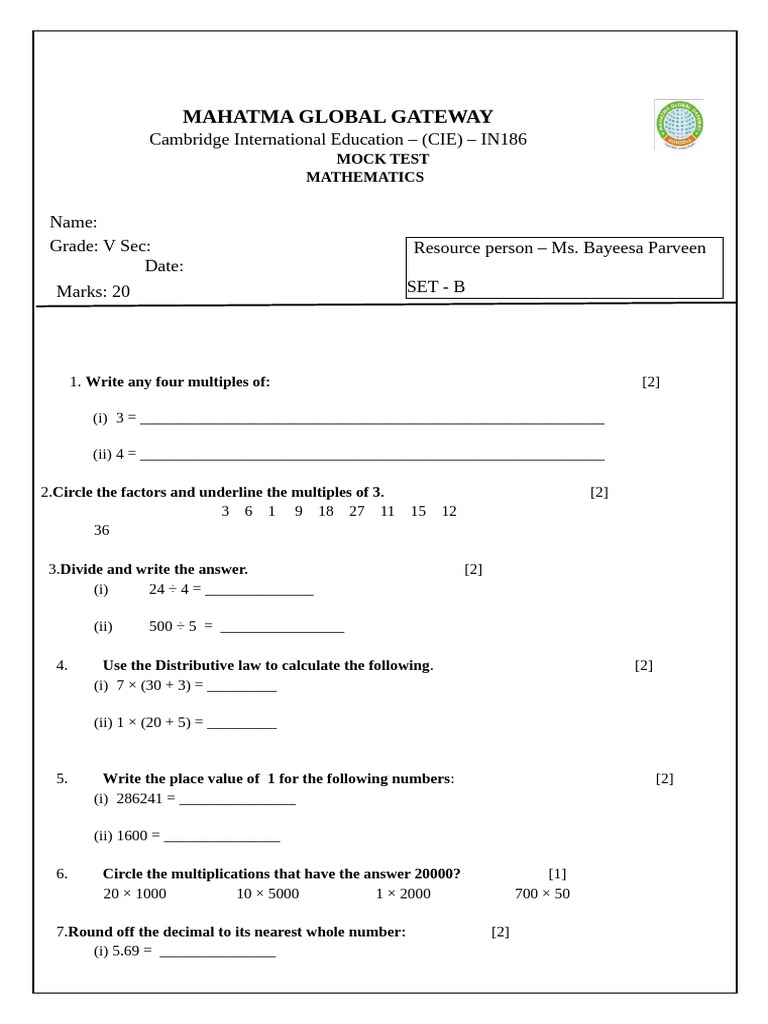 Grade V Mathematics Mock Test | PDF | Chess | Chess Theory