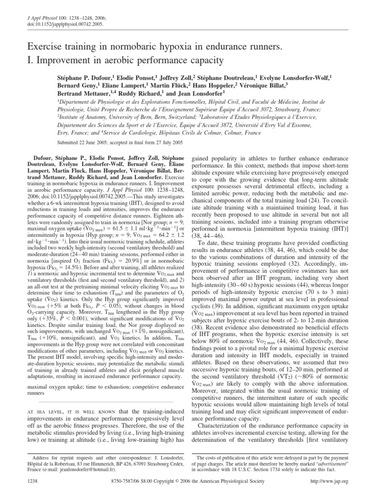 Dufour Et Al 2006 Exercise Training in Normobaric Hypoxia in Endurance ...