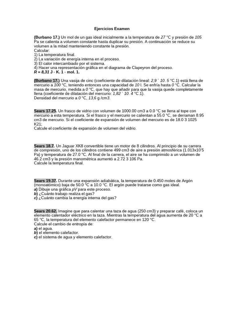 Ejercicios de Termodinámica y Gases Ideales | PDF