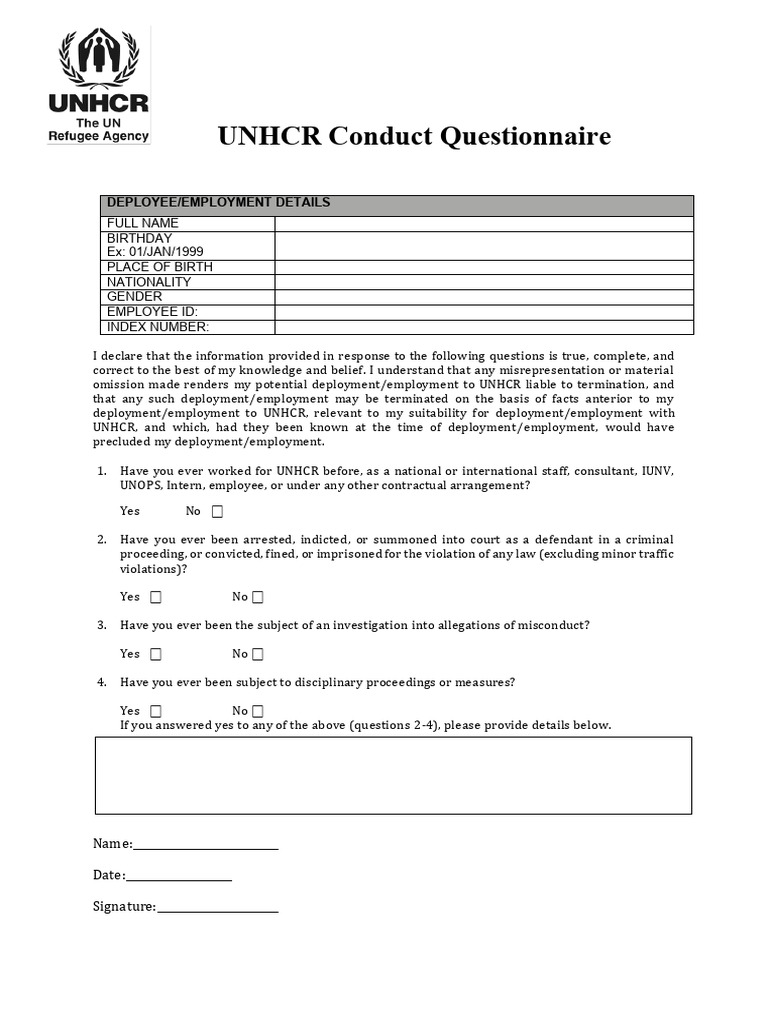 UNHCR Employment Questionnaire Form | PDF