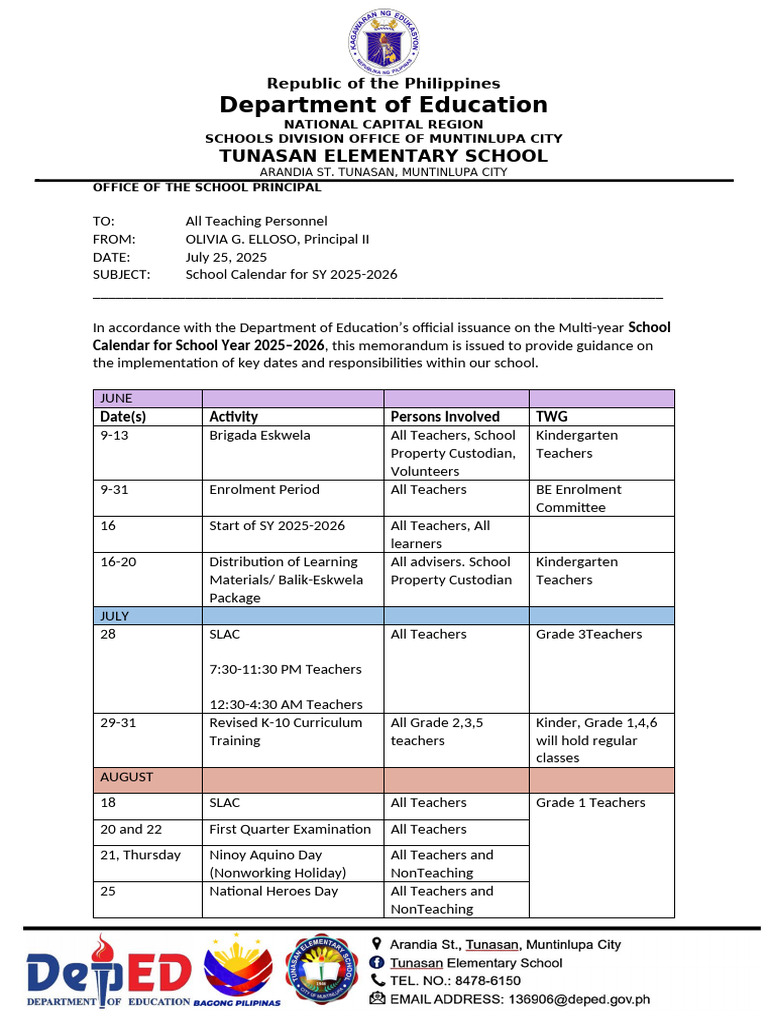 DepEd School Calendar SY 2025-2026 | PDF