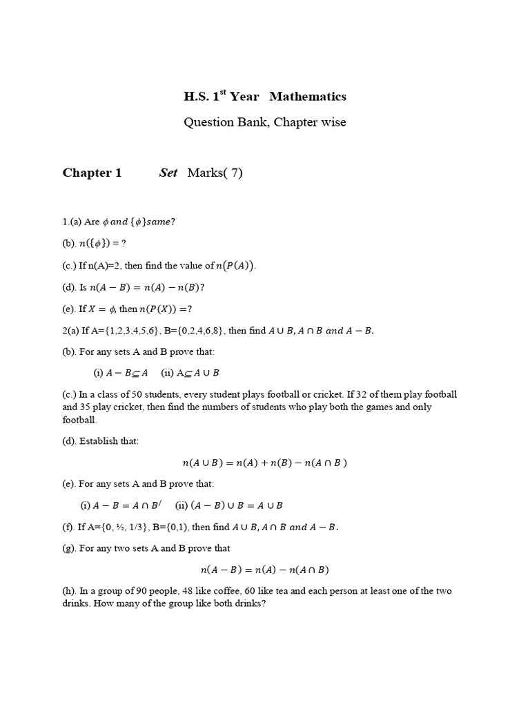H.S. 1st Year Mathematics Question Bank | PDF | Function (Mathematics ...