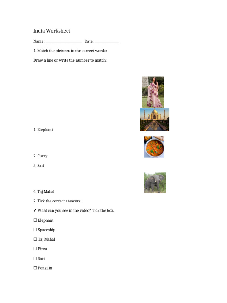 India Worksheet for Kids | PDF