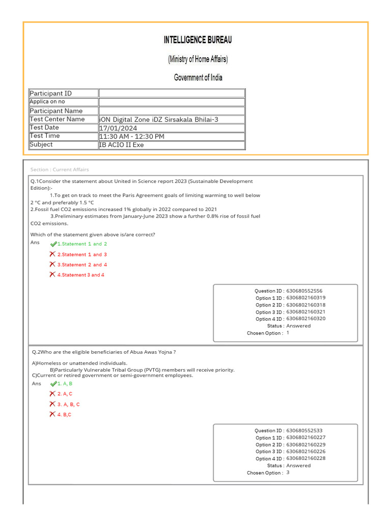 Ib Acio Question Paper 2024 17 January Shift 2 | PDF