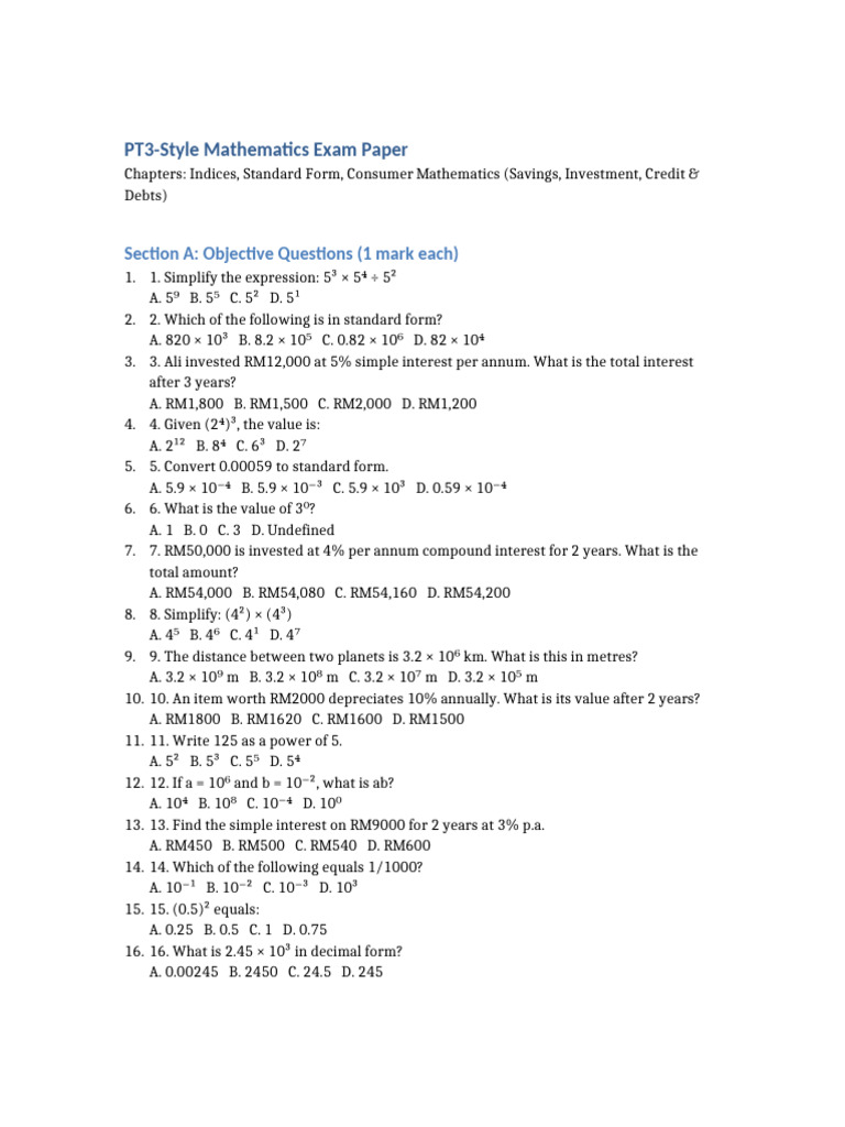 PT3 Math Exam 100 Marks | PDF