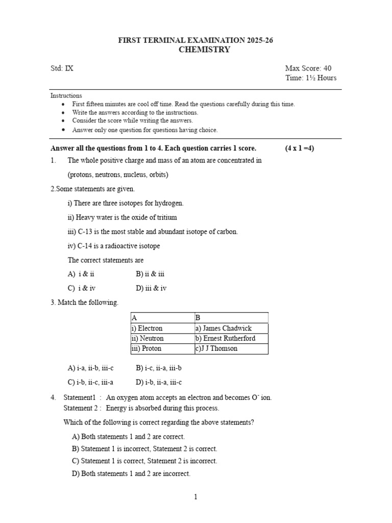 Class 9 Chemistry First Term Exam 2025 | PDF | Atoms | Isotope