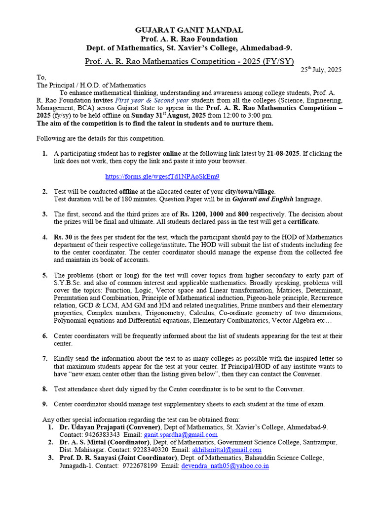Prof. A. R. Rao Math Competition 2025 | PDF | Equations | Vector Space