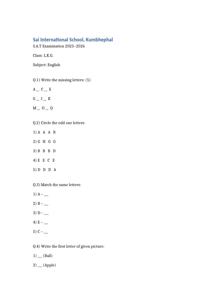 LKG English Exam Paper 2025 | PDF