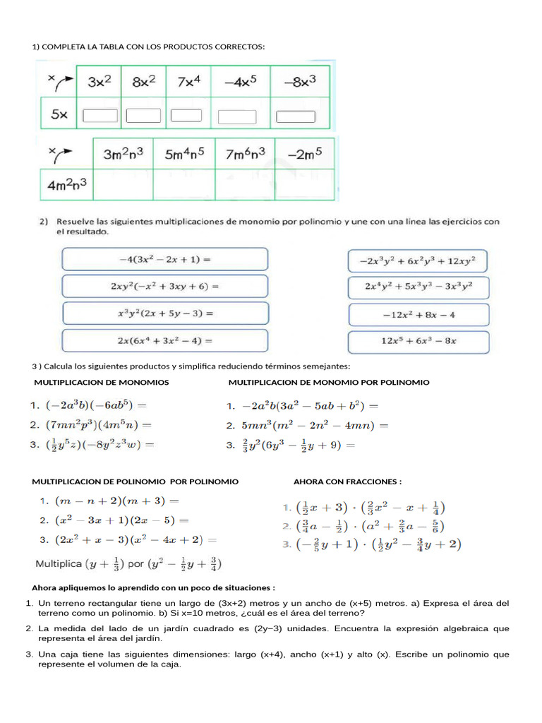 Taller de Multiplicaion de Expresiones Algebraicas | PDF
