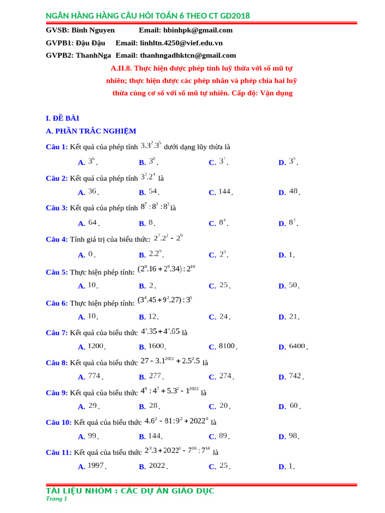 NHCH Toan6 8 Thuc Hien Phep Tinh Voi So Mu Tu Nhien | PDF