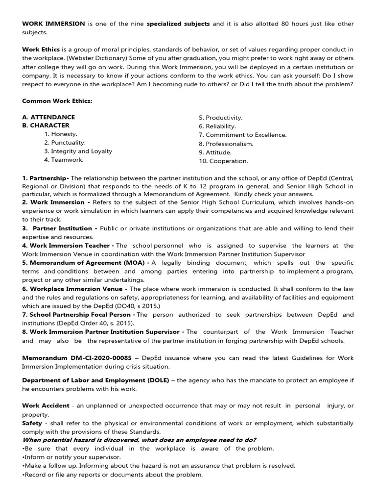 Work Ethics in Work Immersion Program | PDF | Employment | Occupational ...