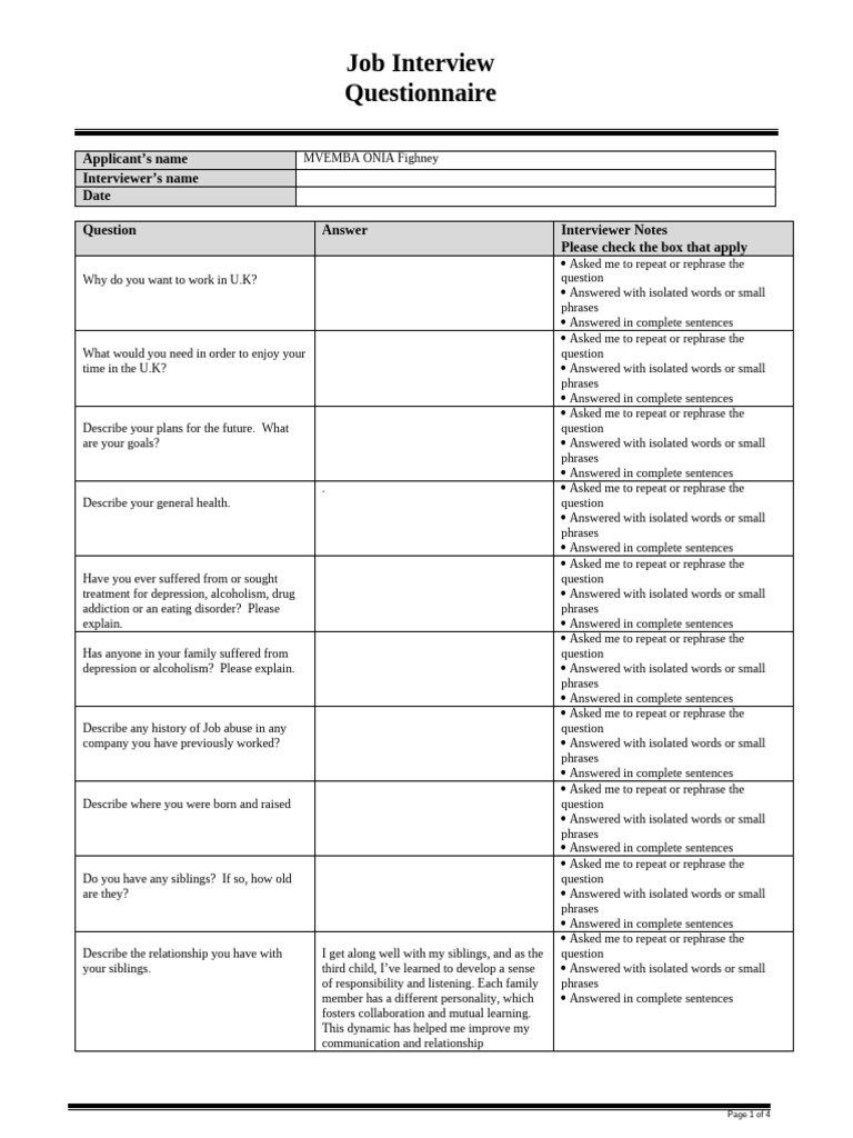 Job Interview Questionnaire Insights | PDF | English Language | Alcoholism