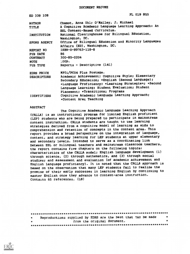 CALLA: ESL Content-Based Curriculum Guide | PDF | Reading Comprehension ...