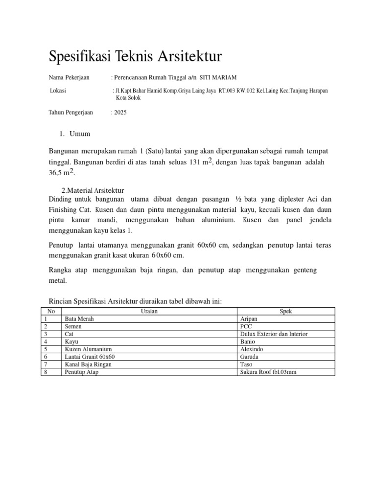 Spesifikasi Teknis Rumah Tinggal Siti Mariam | PDF