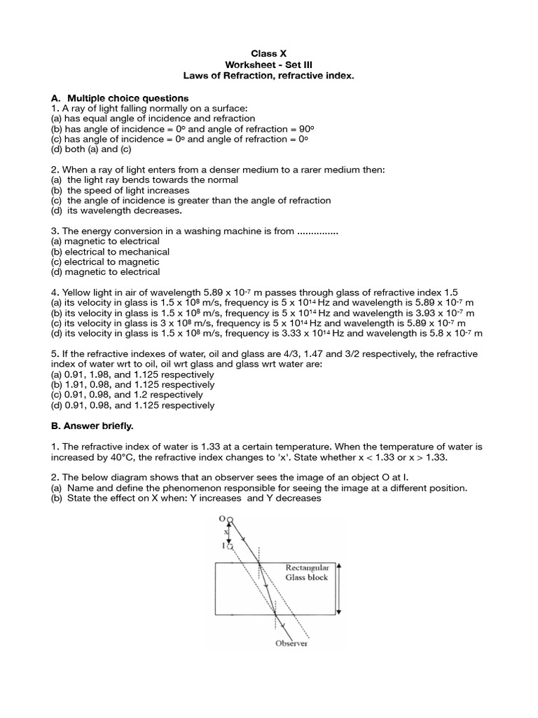 Class X Worksheet on Refraction Laws | PDF | Refraction | Refractive Index