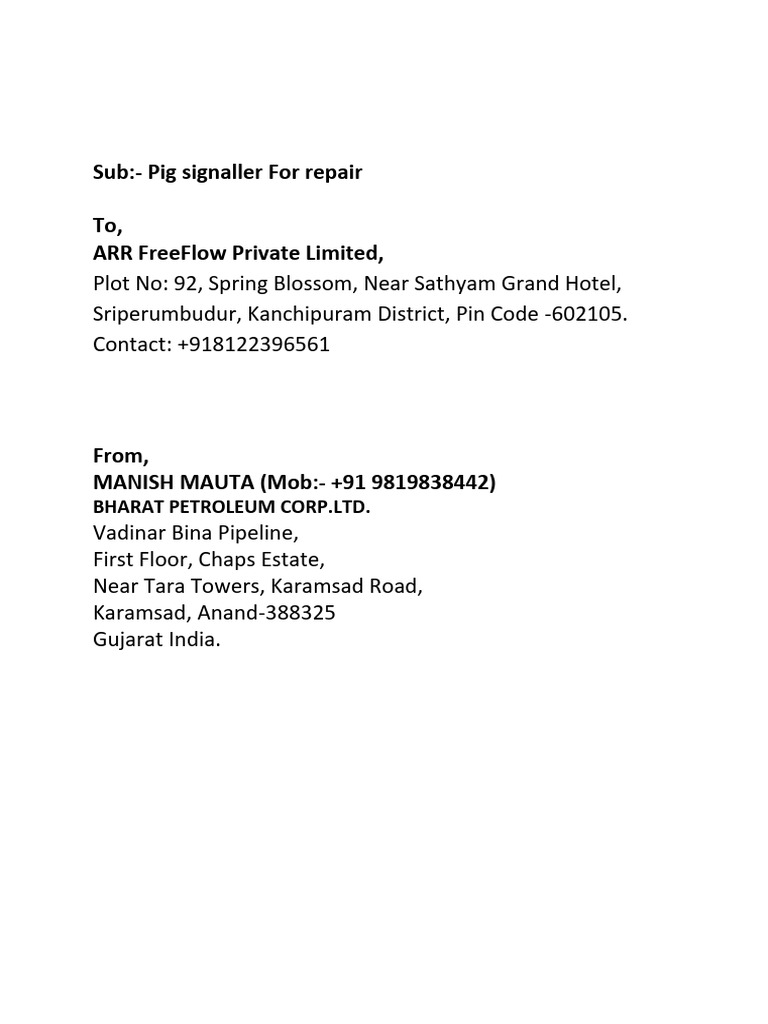 Sub:-Pig Signaller For Repair To, Arr Freeflow Private Limited | PDF