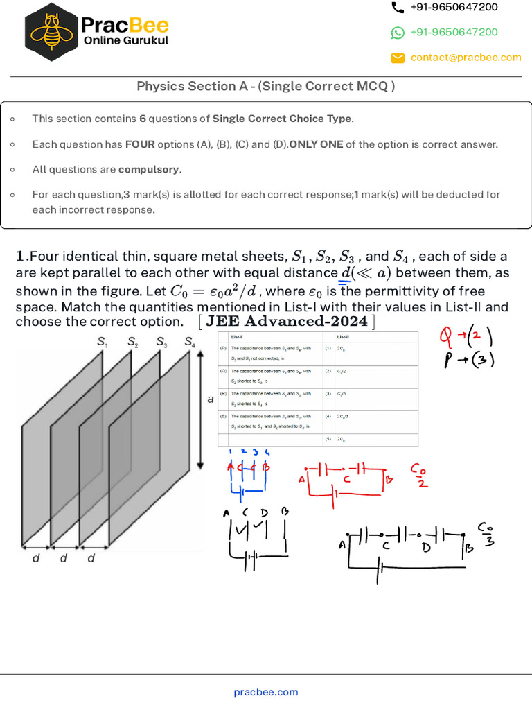 Physics MCQs for JEE Advanced 2024 | PDF | Capacitor | Electricity