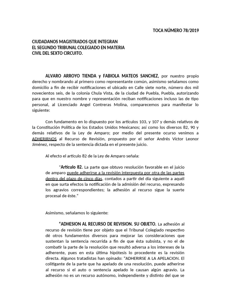 Adhesión al Recurso de Revisión en Amparo | PDF | Apelación | Sentencia ...