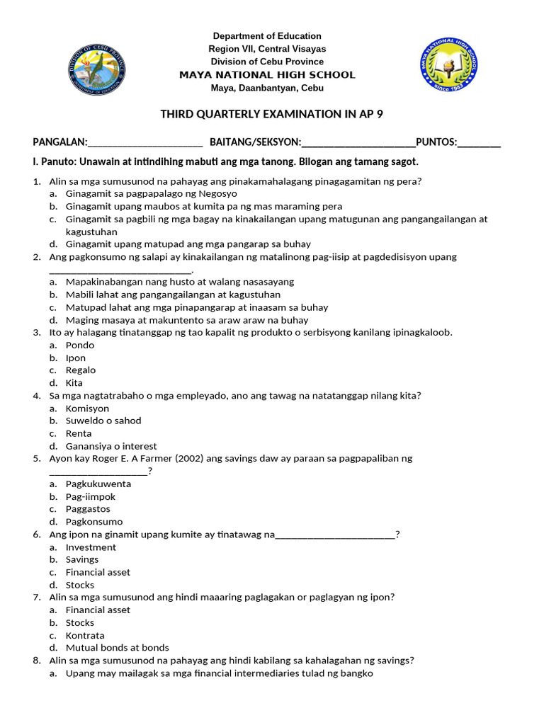 AP 9 3rd Quarter Exam Sy. 2024-2025 | PDF
