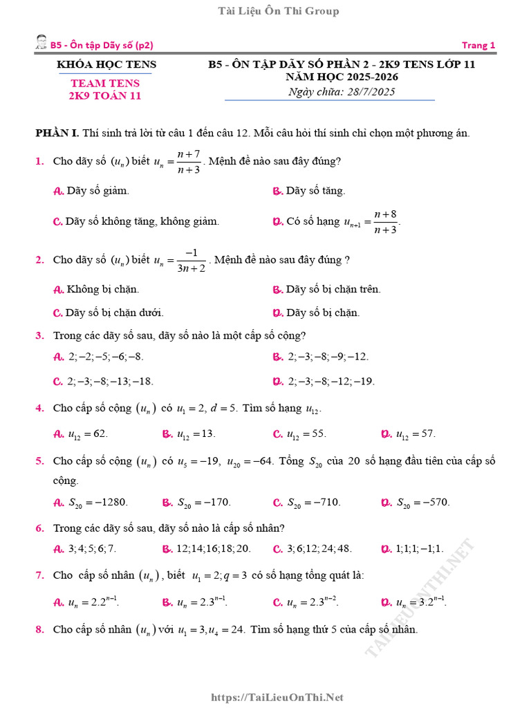 B5 - Ôn tập Dãy số (P2) toan thy duc lop 11 | PDF