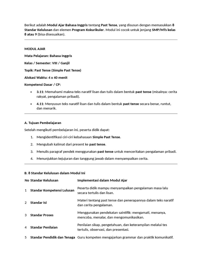 Modul Ajar Simple Past Tense SMP | PDF