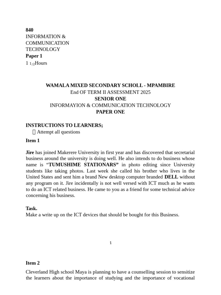ICT Curriculum Sample Exam S1-2 | PDF