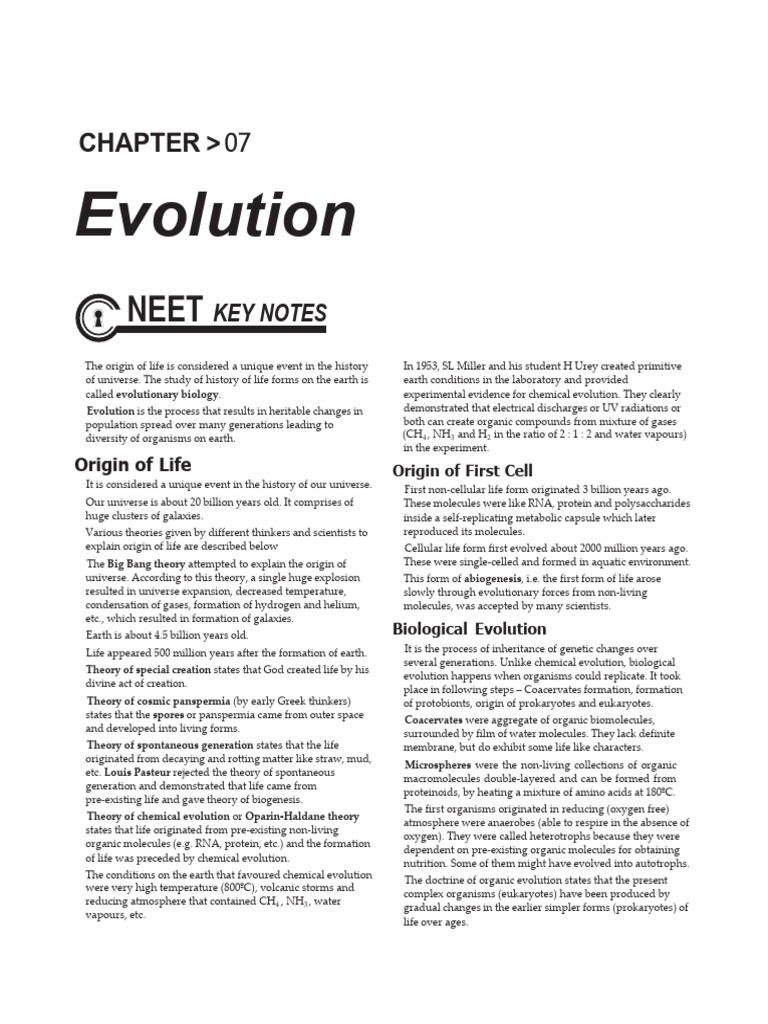NEET Evolution Key Notes Summary | PDF | Abiogenesis | Homo