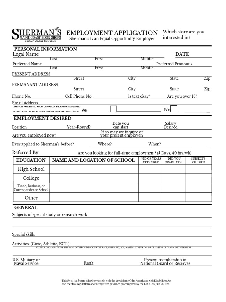 All Stores Employment Application & Questions (Fillable) | PDF ...