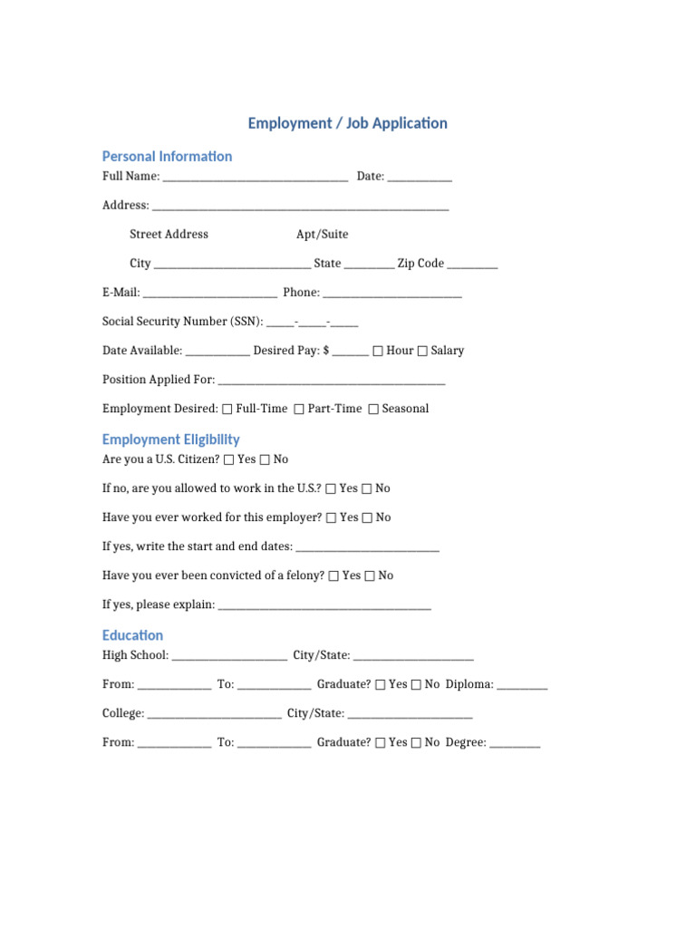 Employment Job Application Pdf