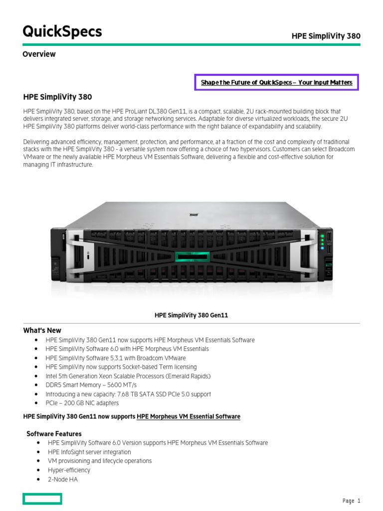 HPE SimpliVity 380 Gen11 QuickSpecs | PDF | Solid State Drive | V Mware