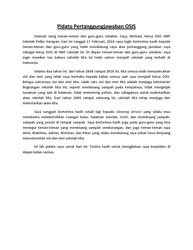 Pidato Pertanggungjawaban Osis Michael
