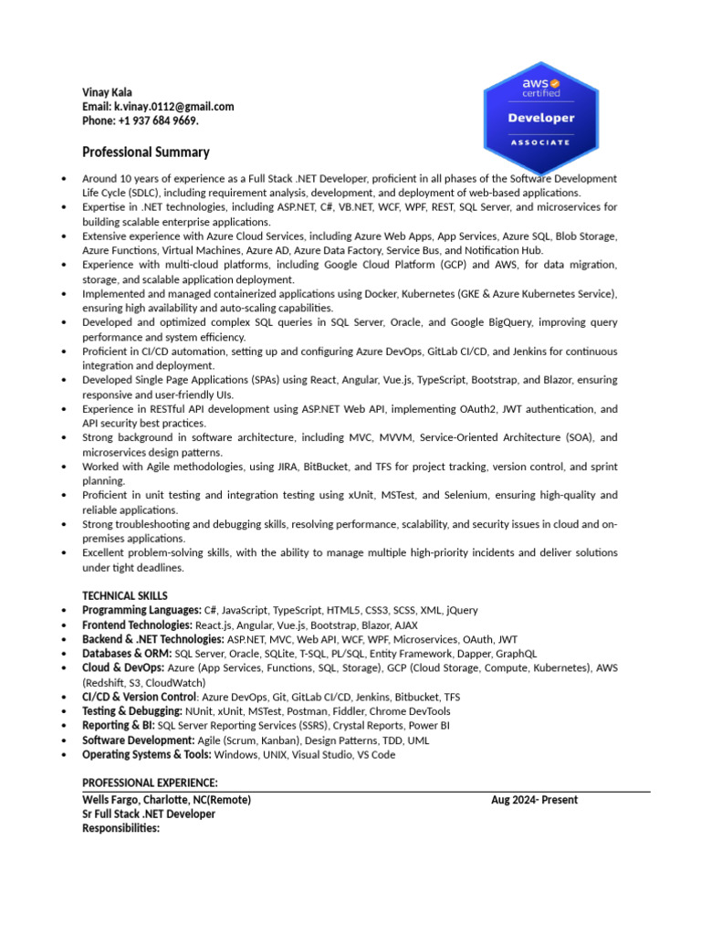 Full Stack .NET Developer Resume | PDF | Databases | Angular Js