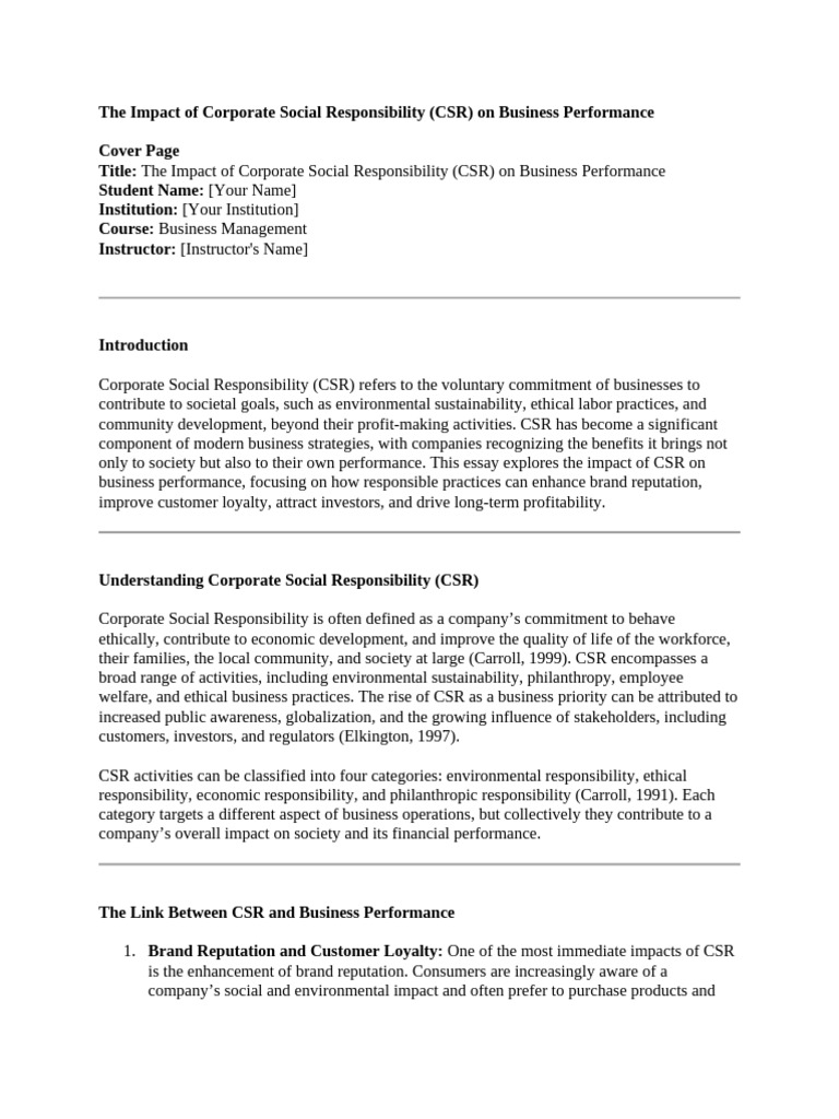 CSR's Influence on Business Success | PDF | Corporate Social ...