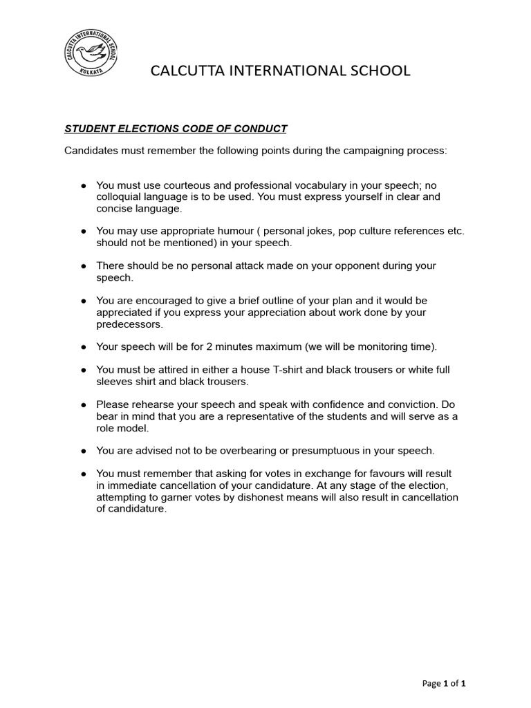 CIS Students' Council Election 2025-Code of Conduct | PDF